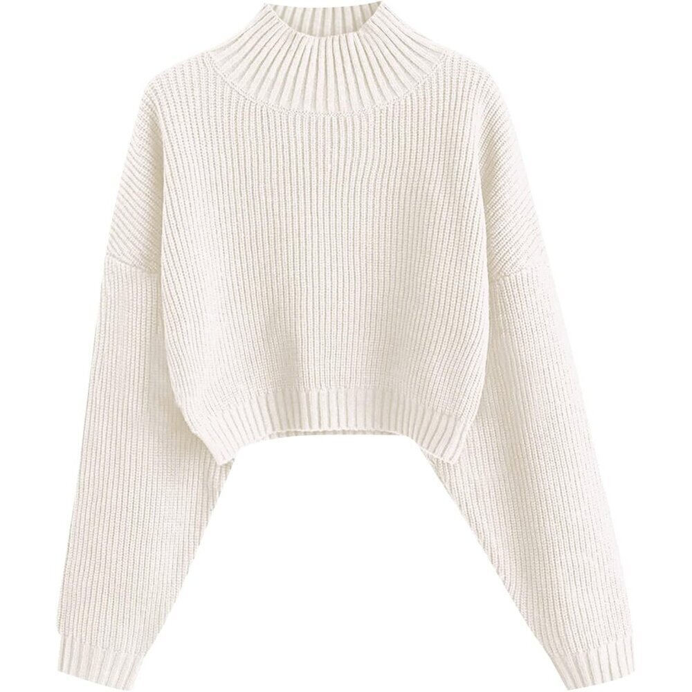 Women's Cropped Turtleneck Sweater Ribbed Knit Lantern Sleeve Pullover L